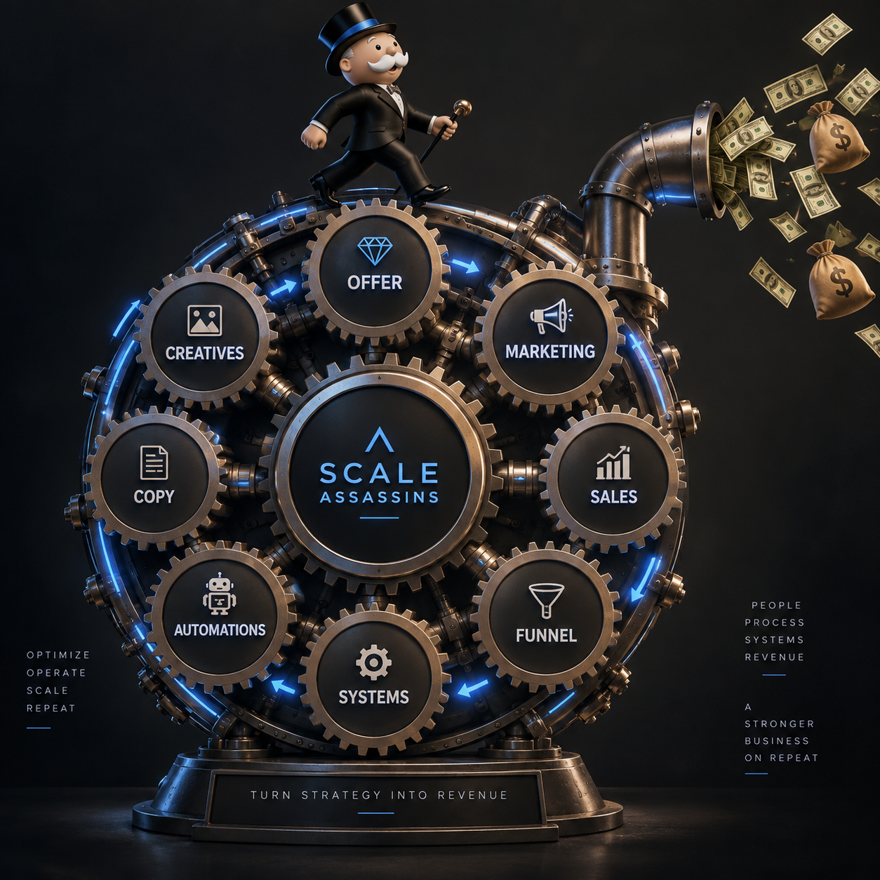 The Scale Assassins growth machine: offer, marketing, sales, funnel, systems, automations, copy and creatives interlocking as one machine that turns strategy into revenue.
